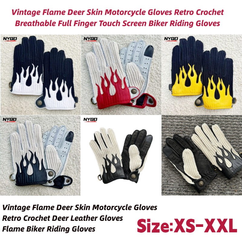 Horse Riding Glove - Vintage Deerskin Motorcycle Gloves Flame Pattern